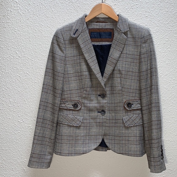 Zara Jackets & Blazers - ZARA Basics Wool blend Plaid Blazer brown patchwork elbows 2 button satin lined